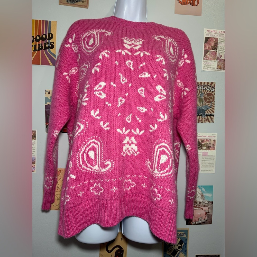 American Eagle Outfitters Pink and White Patterned Sweater